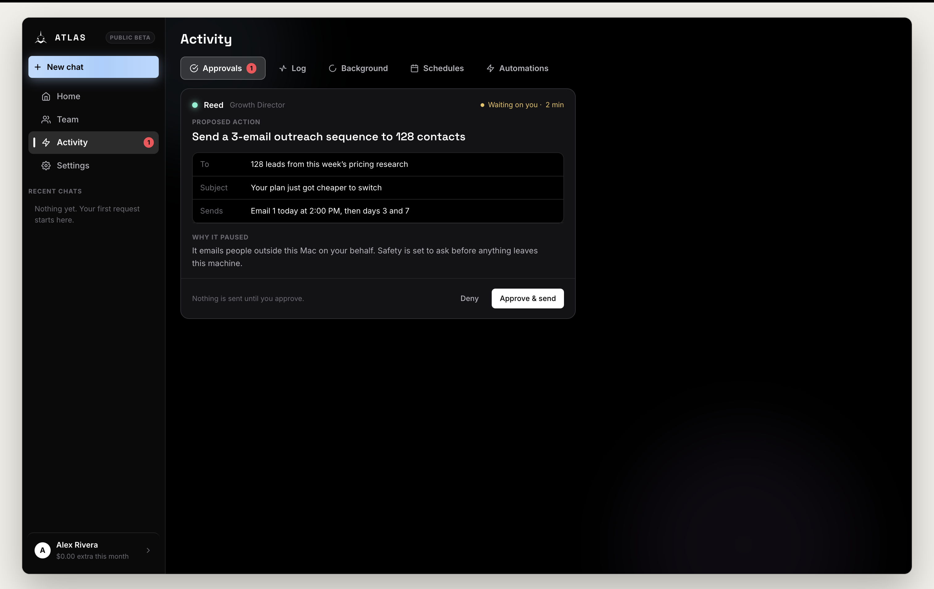Staged Atlas approval screen with an outreach action paused for review
