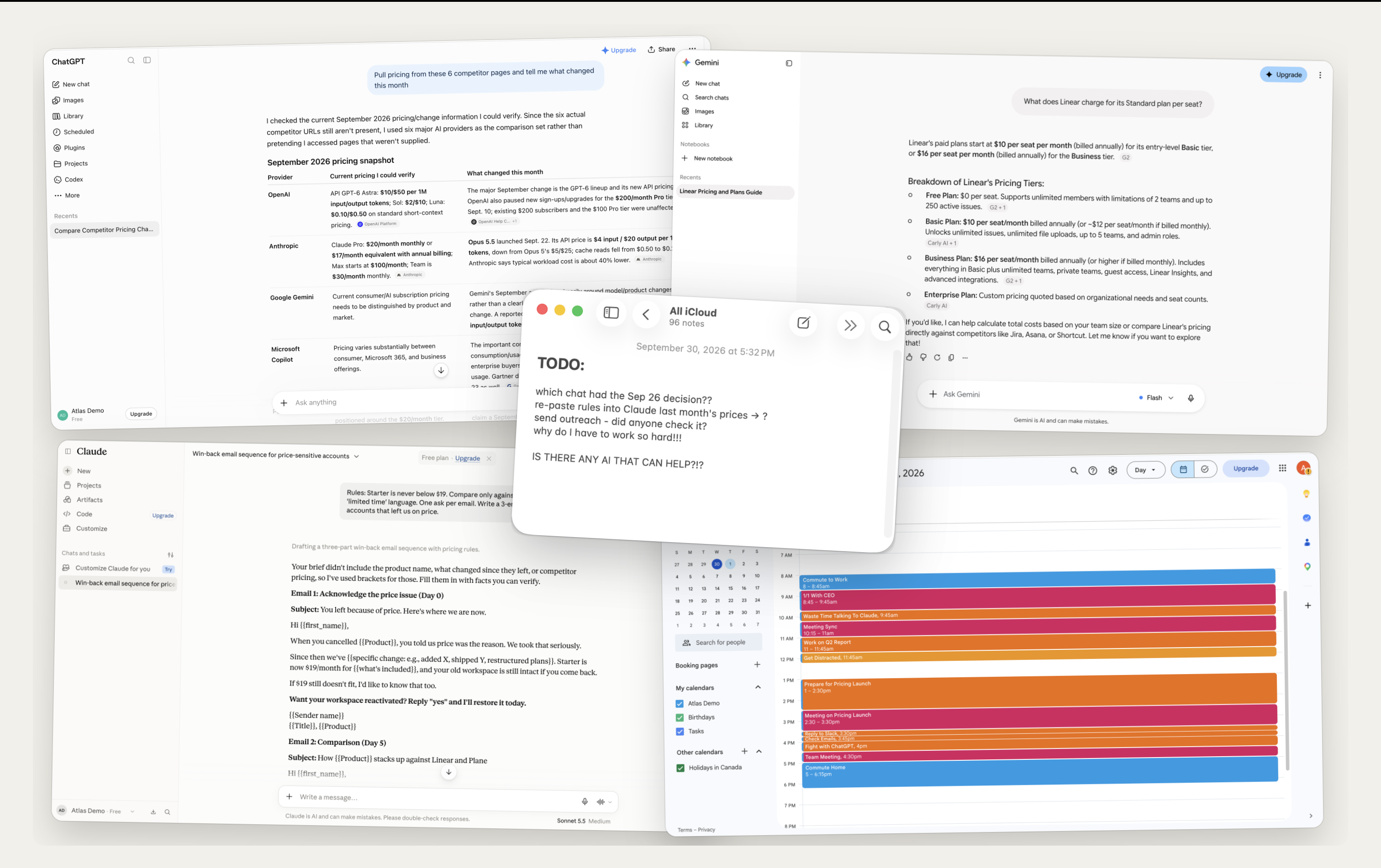 Staged workspace before Atlas, with one task scattered across ChatGPT, Gemini, Claude, Notes, and Calendar