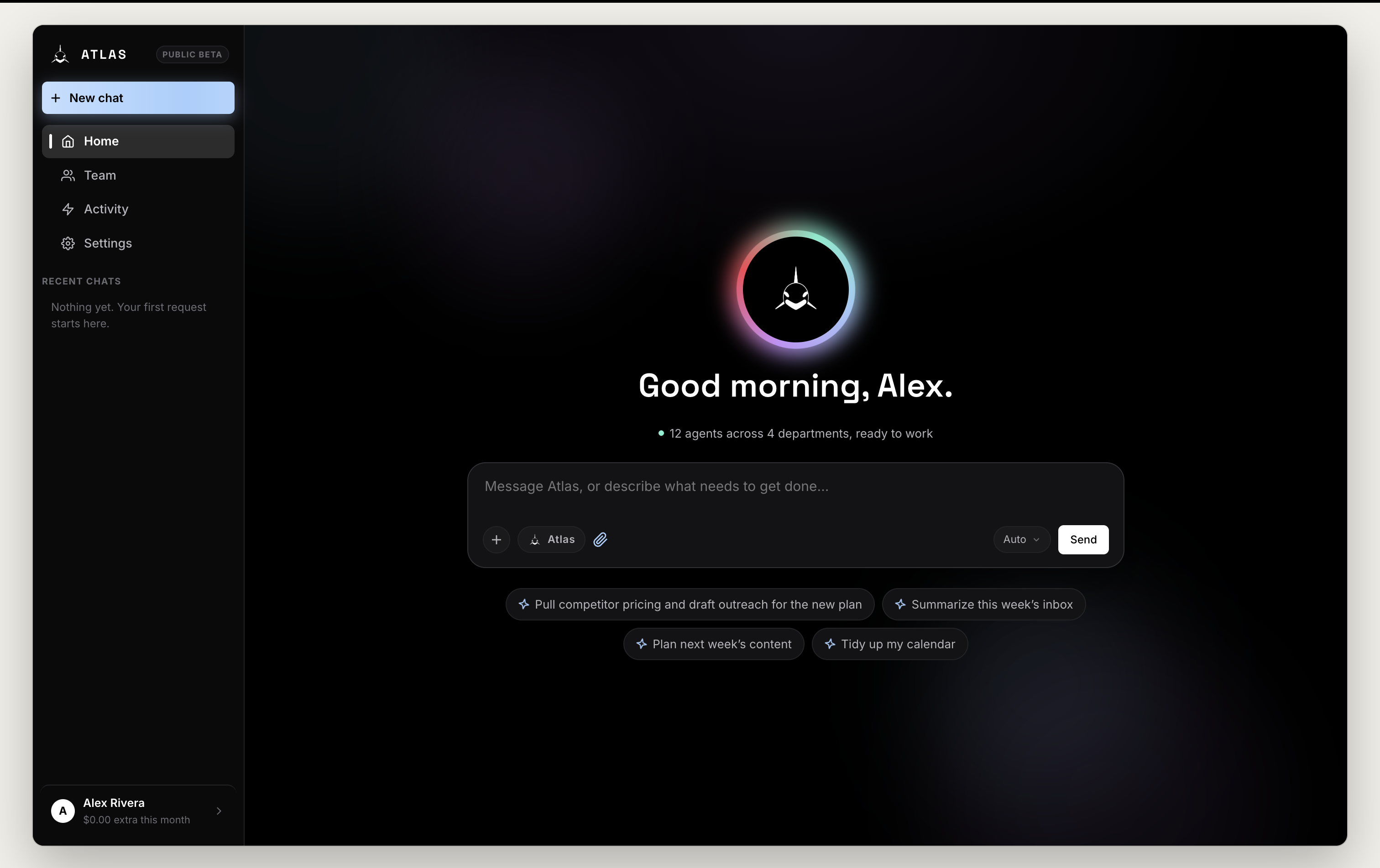 Staged Atlas public beta home screen with a request composer and available agent team