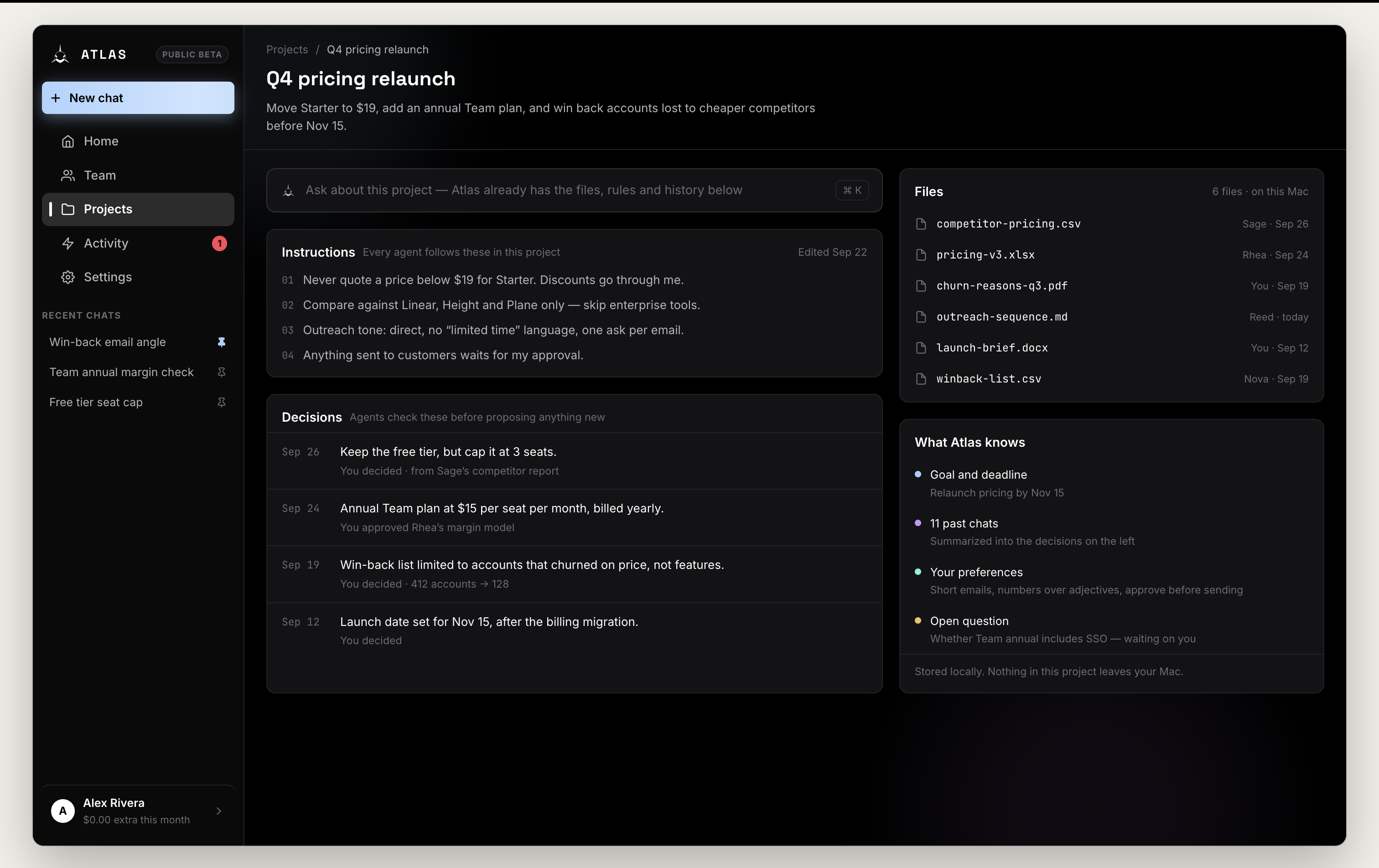 Staged Atlas project workspace showing instructions, decisions, files, and retained context