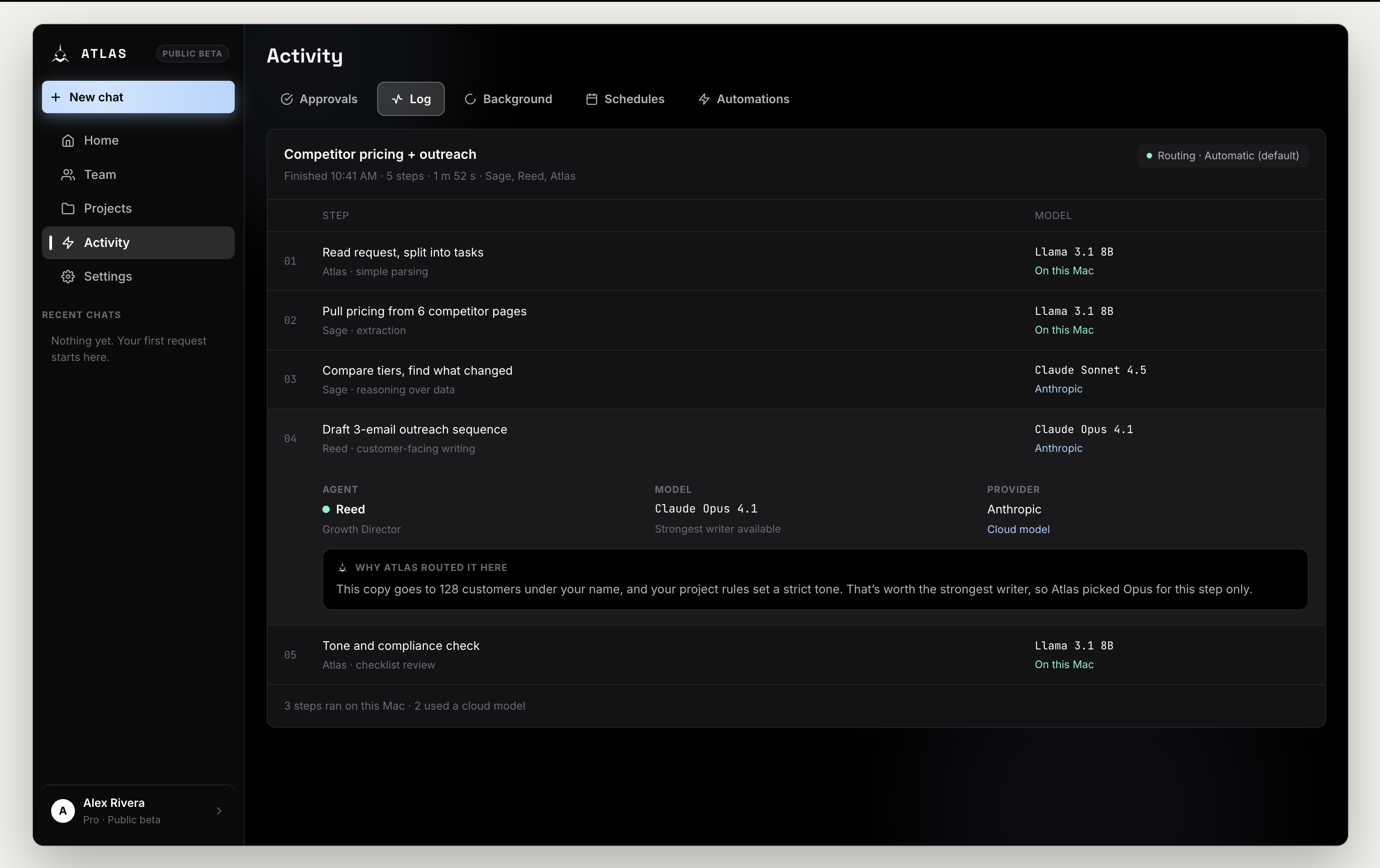 Staged Atlas activity log showing task routing across local and cloud AI providers
